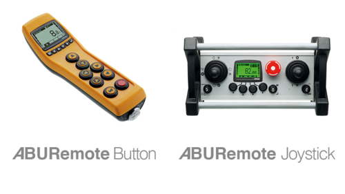 Illustration av handhållen sändare ABURemote Button och sändare för huvudströmbrytare ABURemote Joystick