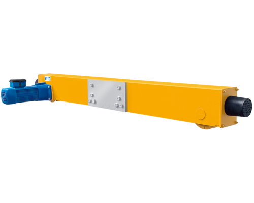 Bilden visar en chassibärare för en enbalkstravkran. På framsidorna är ändbuffertar monterade. På den drivna sidan syns drivsystemet med motor och växellåda.