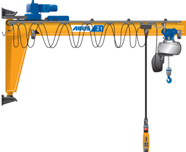 Bild av en väggsvängkran av typ VW. Utkölningen består av ett valsat helväggsprofil. Den kan svängas elektriskt med hjälp av en svängmotor. På utkölningens underfläns sitter ett löpverk med en elektrisk kedjeslyfta fäst vid.